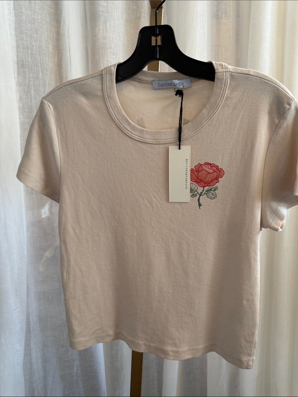 Daydreamer Cream Short Sleeve Tee with Red Rose Chest Print